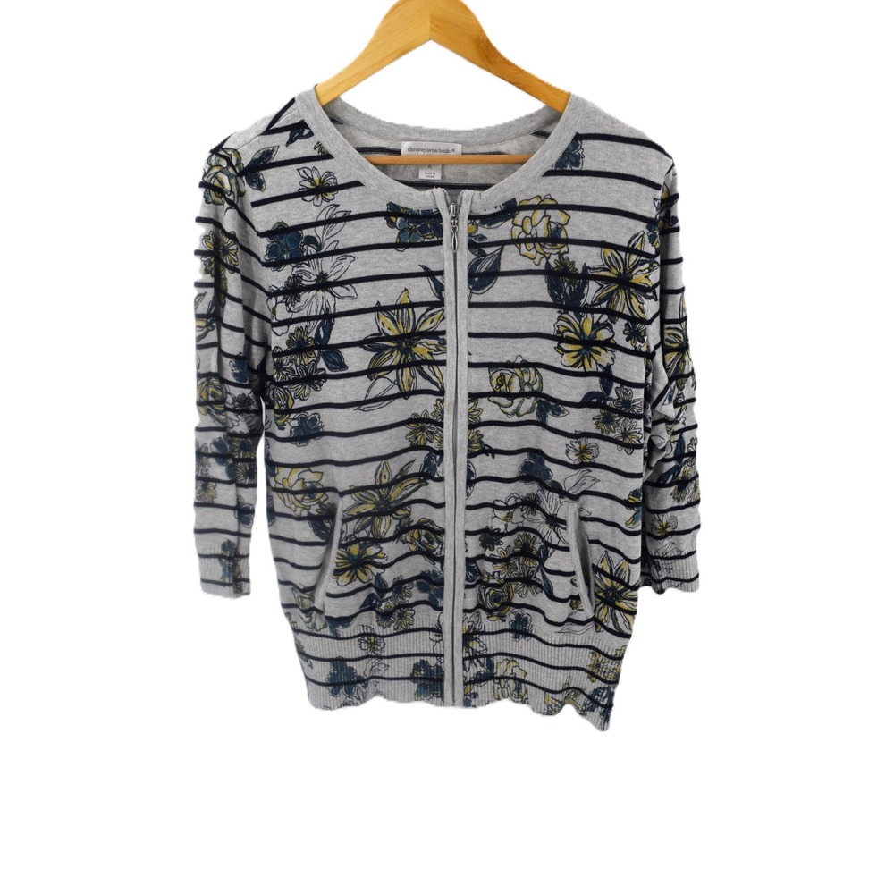 Christopher &‎ Banks Womens Cardigan Sweater XL Gray Floral Stripe Zip Pockets